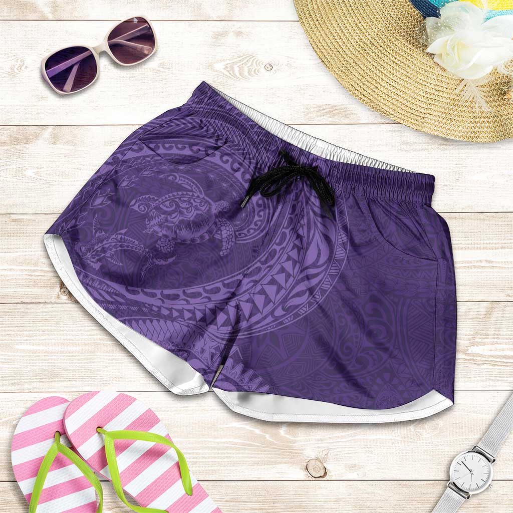 Hawaiian Turtle and Shark Shorts for Women Kakau Tribal with Polynesian Pattern Purple Color