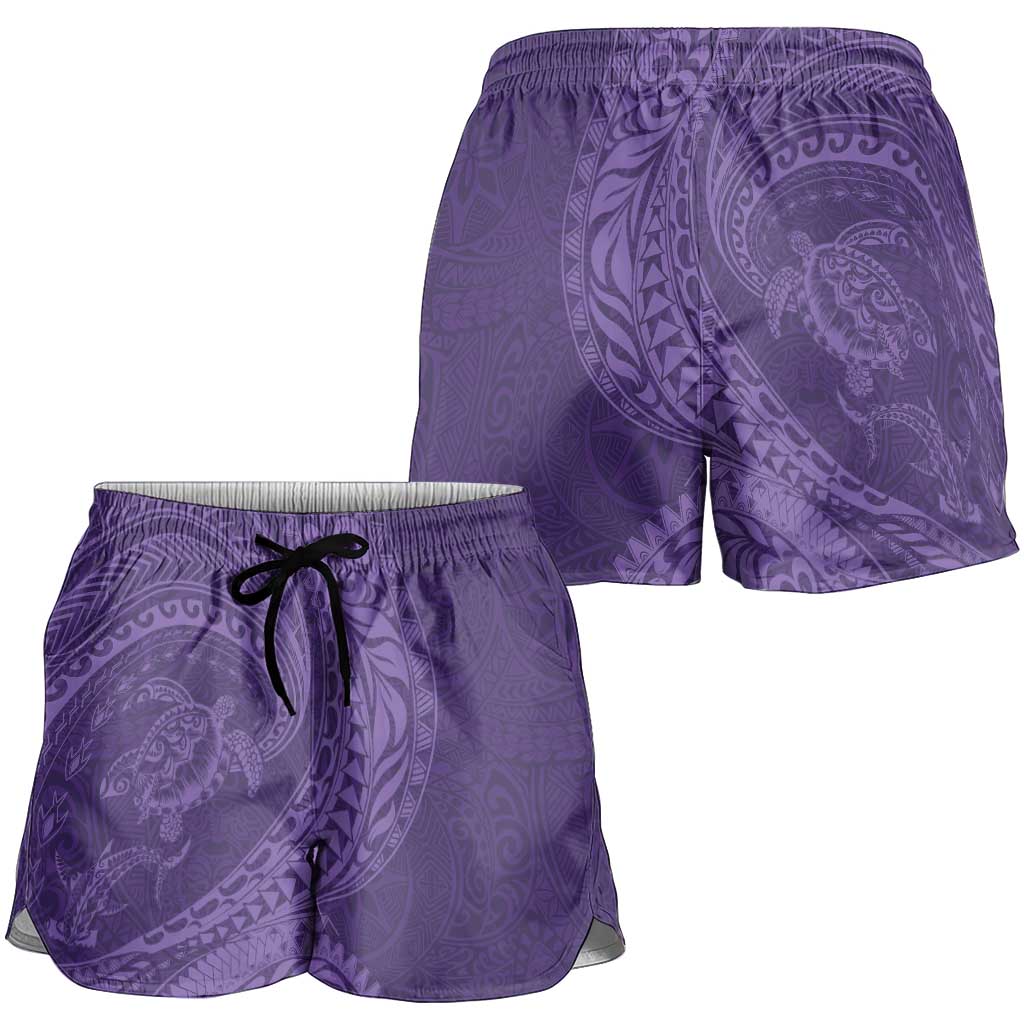 Hawaiian Turtle and Shark Shorts for Women Kakau Tribal with Polynesian Pattern Purple Color