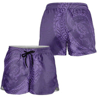 Hawaiian Turtle and Shark Shorts for Women Kakau Tribal with Polynesian Pattern Purple Color