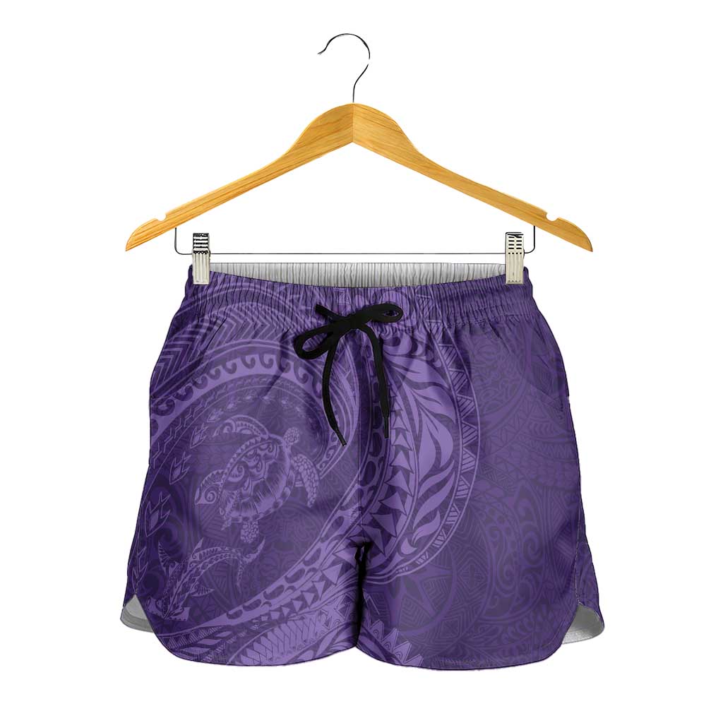 Hawaiian Turtle and Shark Shorts for Women Kakau Tribal with Polynesian Pattern Purple Color