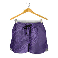 Hawaiian Turtle and Shark Shorts for Women Kakau Tribal with Polynesian Pattern Purple Color