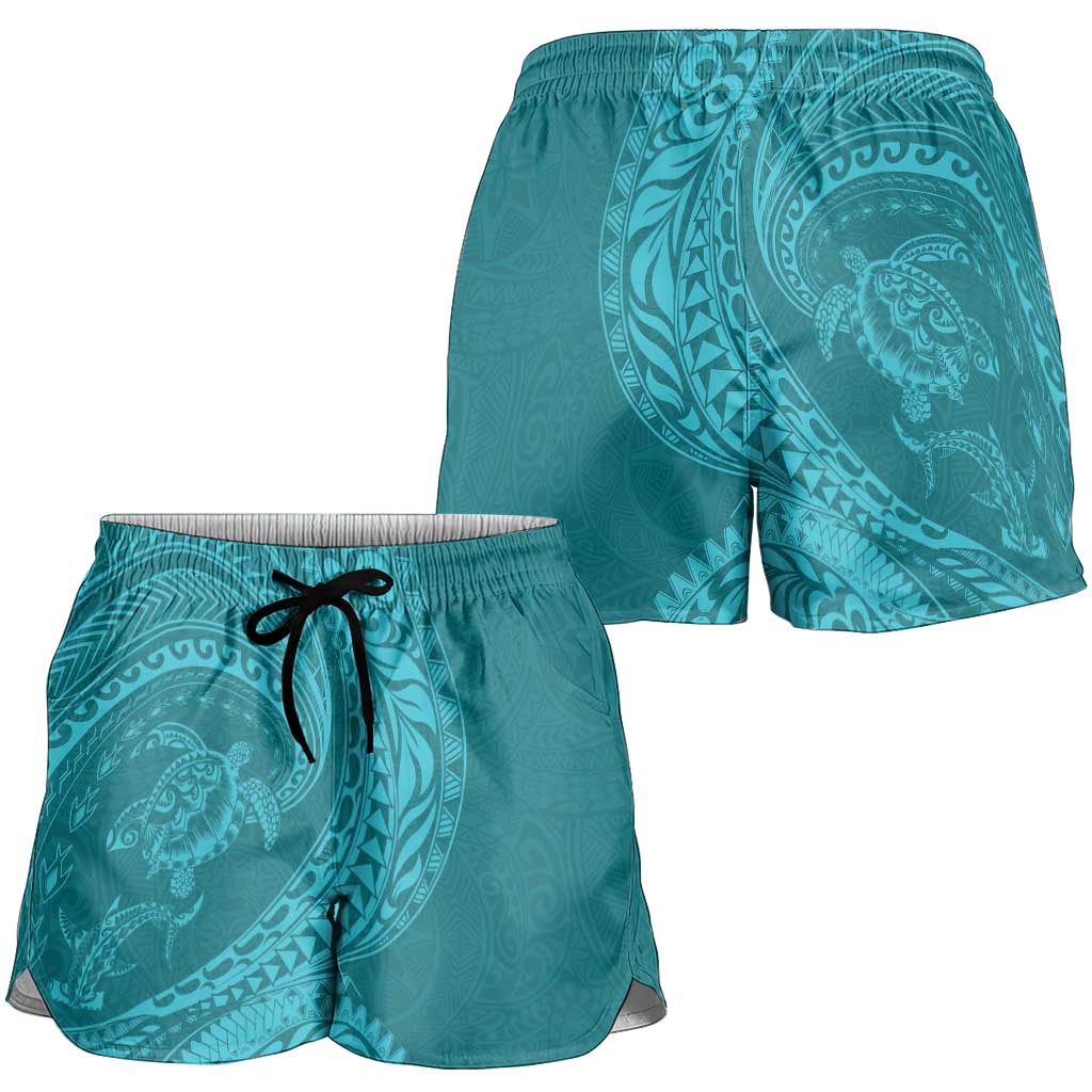 Hawaiian Turtle and Shark Shorts for Women Kakau Tribal with Polynesian Pattern Turquoise Color