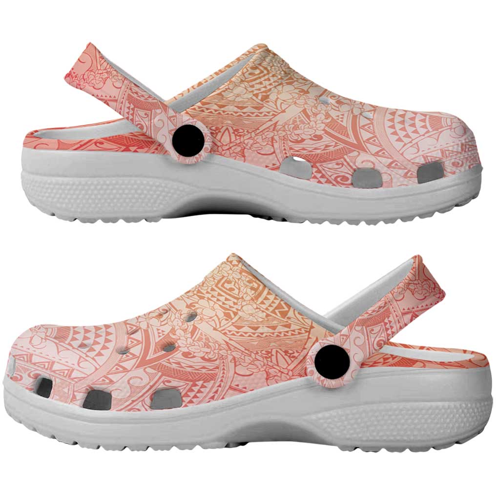 Hawaiian Turtles and Leis Clogs Shoes Tribal Kakau Pattern Peach Fuzz Color
