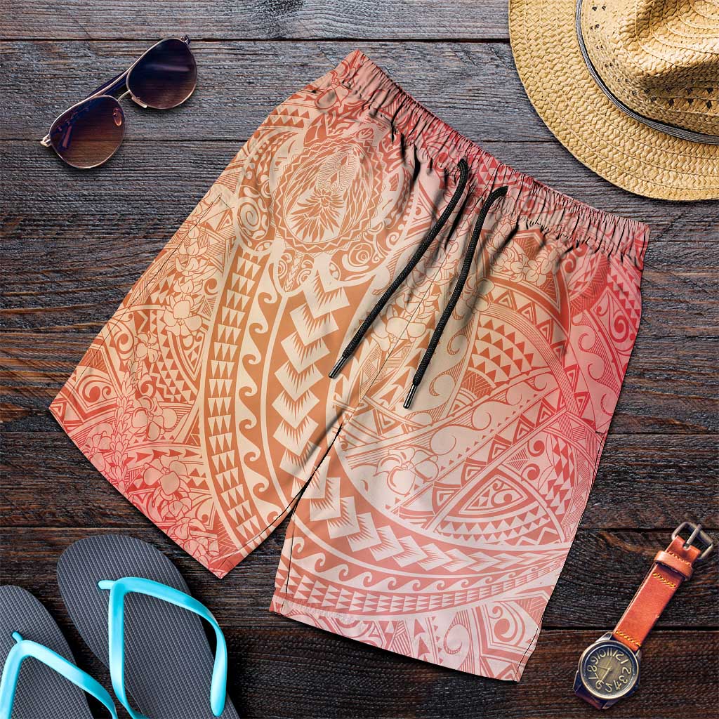 Hawaiian Turtles and Leis Shorts for Men Tribal Kakau Pattern Peach Fuzz Color