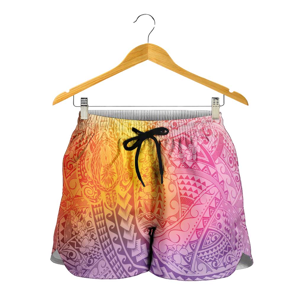 Hawaiian Turtles and Leis Shorts for Women Tribal Kakau Pattern Magical Rainbow Sky