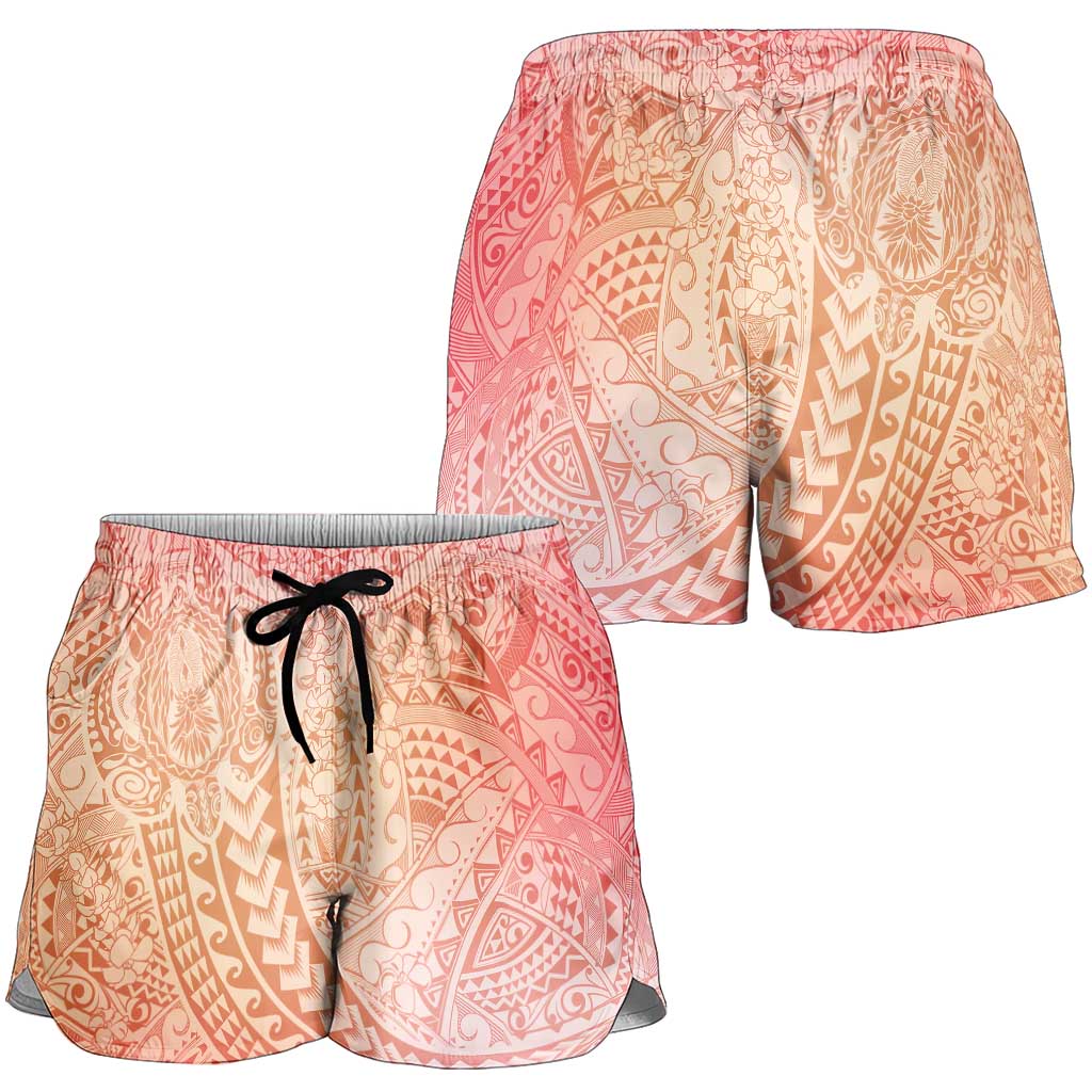 Hawaiian Turtles and Leis Shorts for Women Tribal Kakau Pattern Peach Fuzz Color
