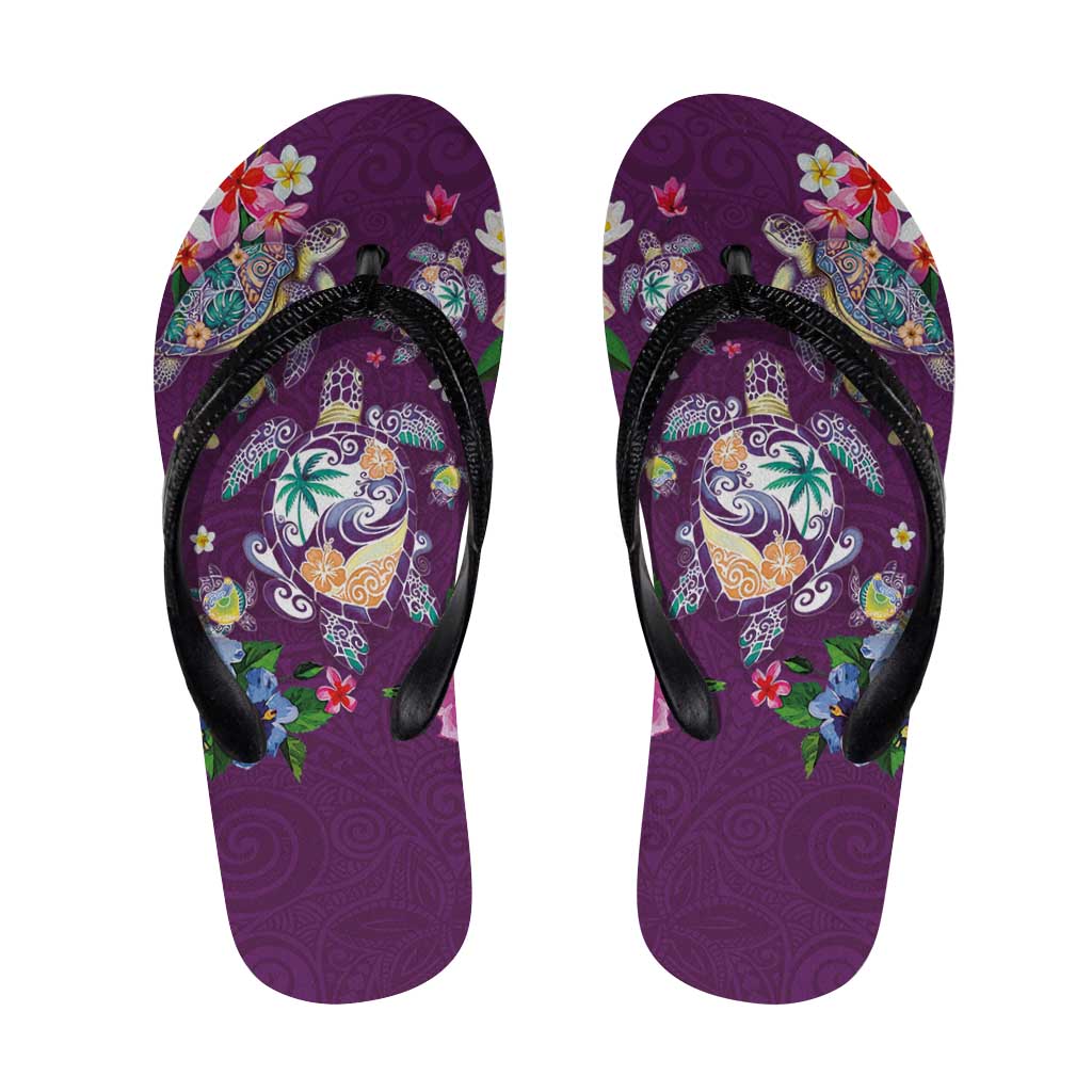 Hawaiian Turtles and Tropical Plants Flip Flops Purple Watercolor