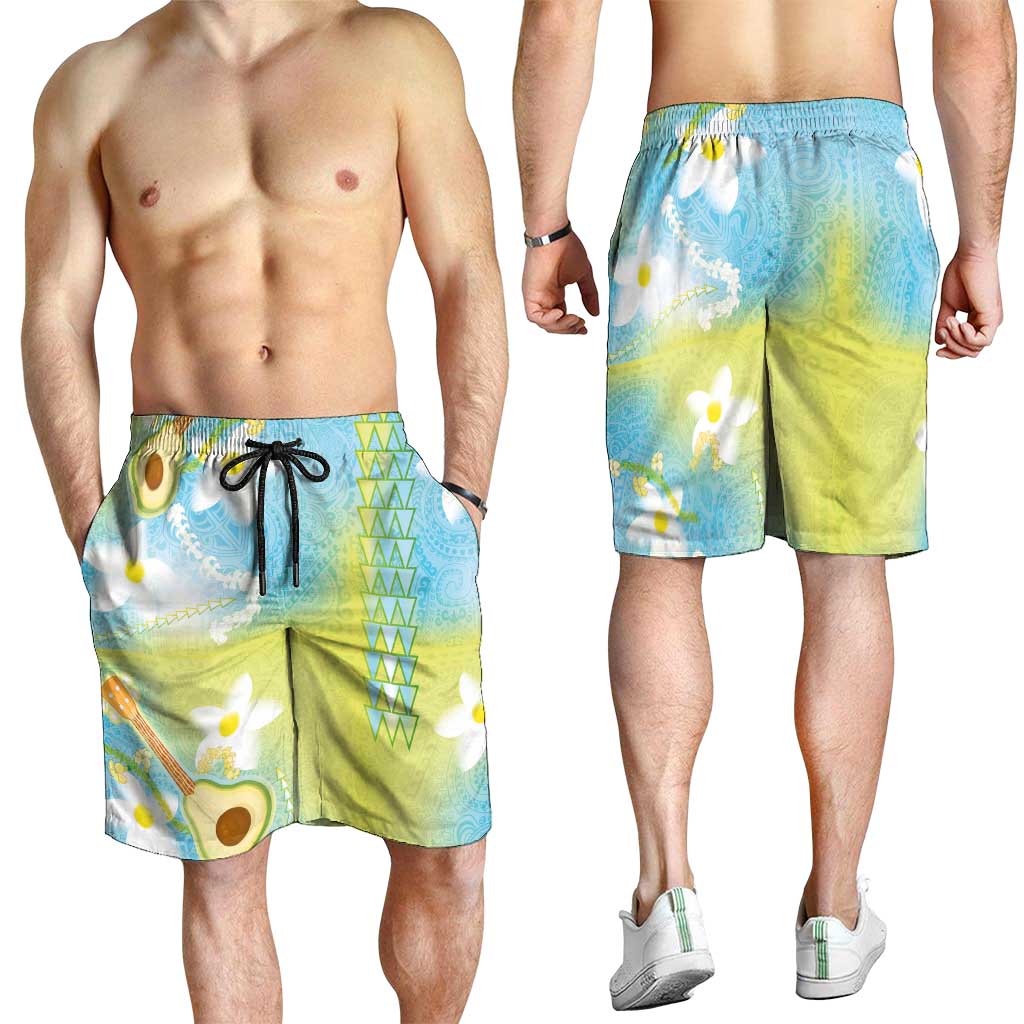 Hawaiian Ukulele Avocado Shorts for Men Leis and Polynesian Pattern