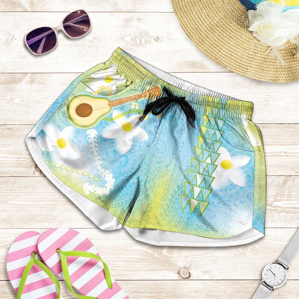 Hawaiian Ukulele Avocado Shorts for Women Leis and Polynesian Pattern