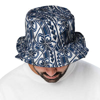 Hibiscus Bloom Island Tribal Waves Bucket Hat Blue Polynesian Pattern