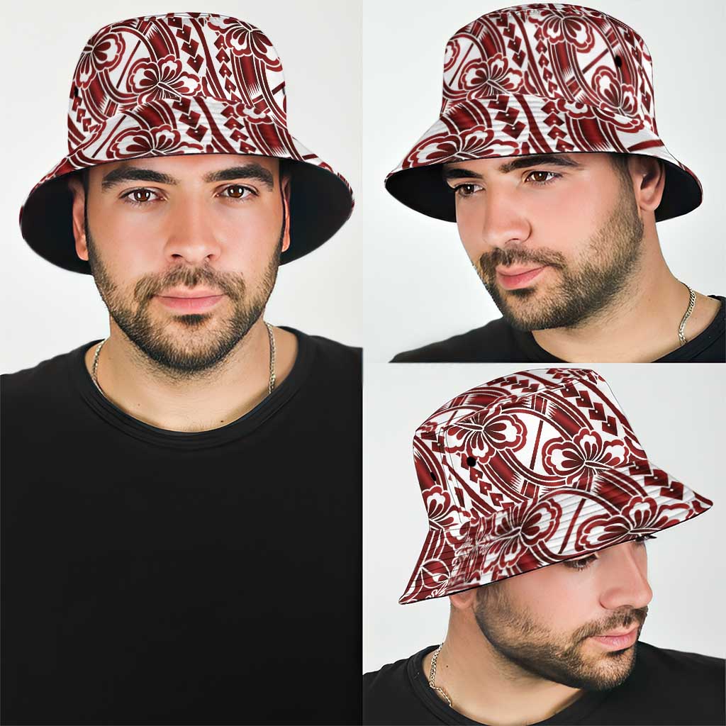 Hibiscus Bloom Island Tribal Waves Bucket Hat Red Polynesian Pattern LT01 - Polynesian Pride