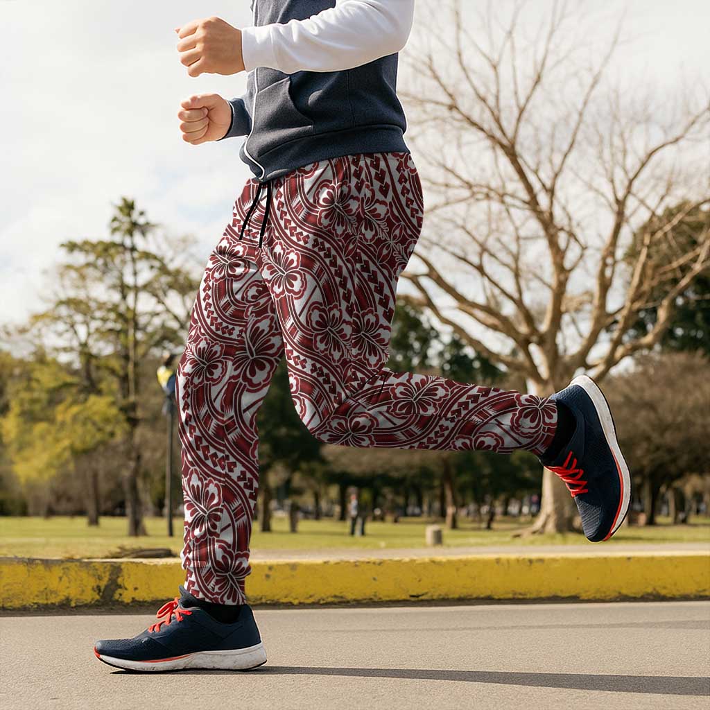 Hibiscus Bloom Island Tribal Waves Jogger Pants Red Polynesian Pattern LT01 - Polynesian Pride