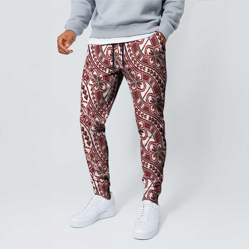 Hibiscus Bloom Island Tribal Waves Jogger Pants Red Polynesian Pattern LT01 - Polynesian Pride