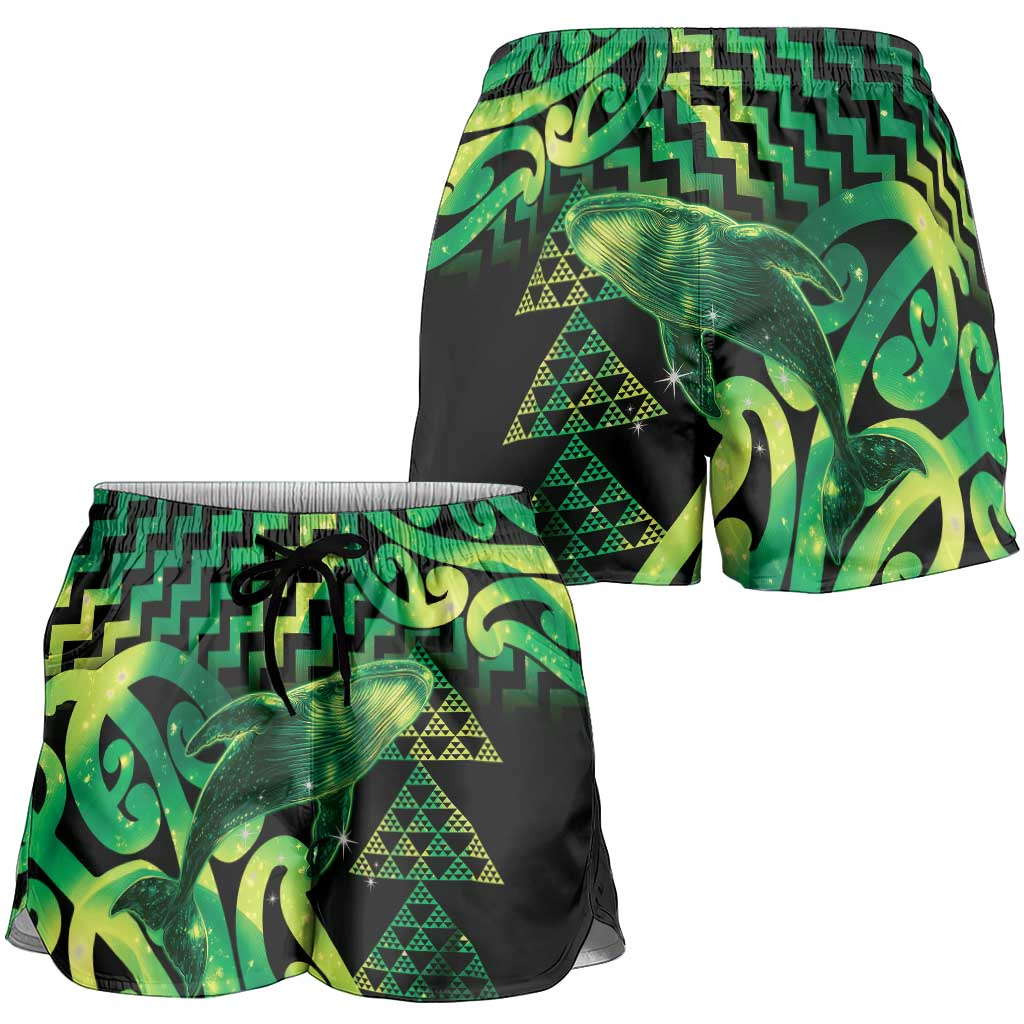 Humpback Whale Matariki New Zealand Shorts for Women NZ Maori Paikea Poutama Luxury Green LT14 - Polynesian Pride