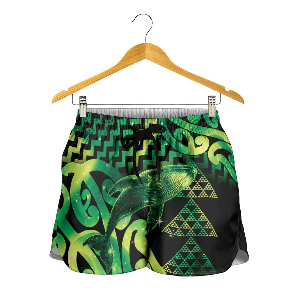 Humpback Whale Matariki New Zealand Shorts for Women NZ Maori Paikea Poutama Luxury Green LT14 - Polynesian Pride