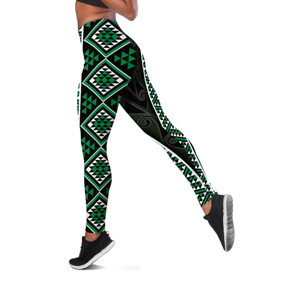 Jade Tukutuku Pattern Aotearoa Leggings Niho Taniwha and Puhoro Motifs LT07