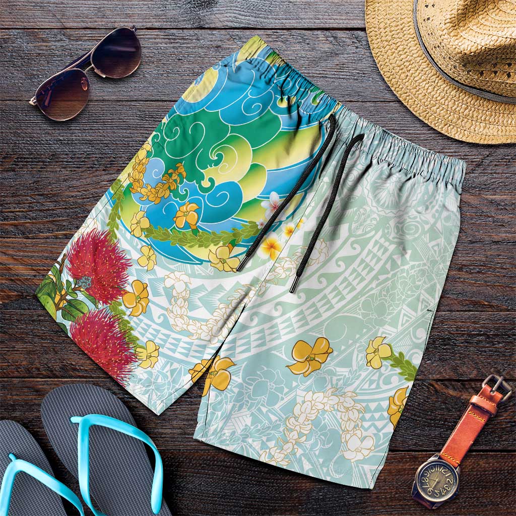Japanese and Hawaiian Culture Fusion Shorts for Men Irezumi with Turtles and Lei Kakau Pattern Fresh Vibe LT03 Multicolor - Polynesian Pride