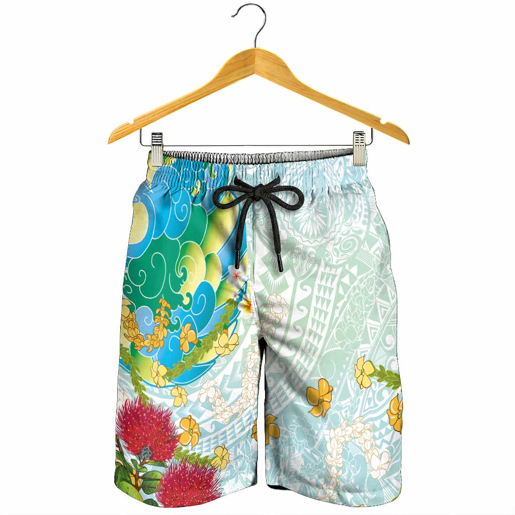 Japanese and Hawaiian Culture Fusion Shorts for Men Irezumi with Turtles and Lei Kakau Pattern Fresh Vibe LT03 - Polynesian Pride