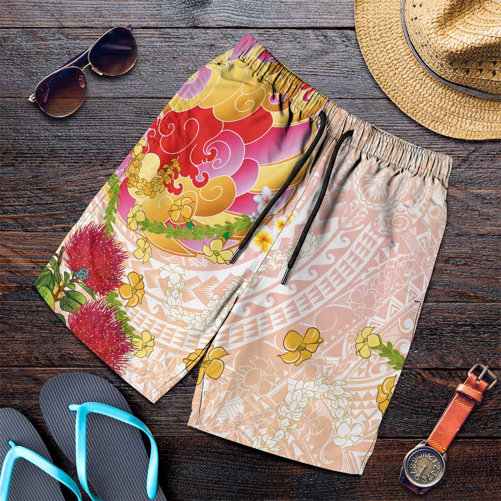 Japanese and Hawaiian Culture Fusion Shorts for Men Irezumi with Turtles and Lei Kakau Pattern Sunset Vibe LT03 Multicolor - Polynesian Pride