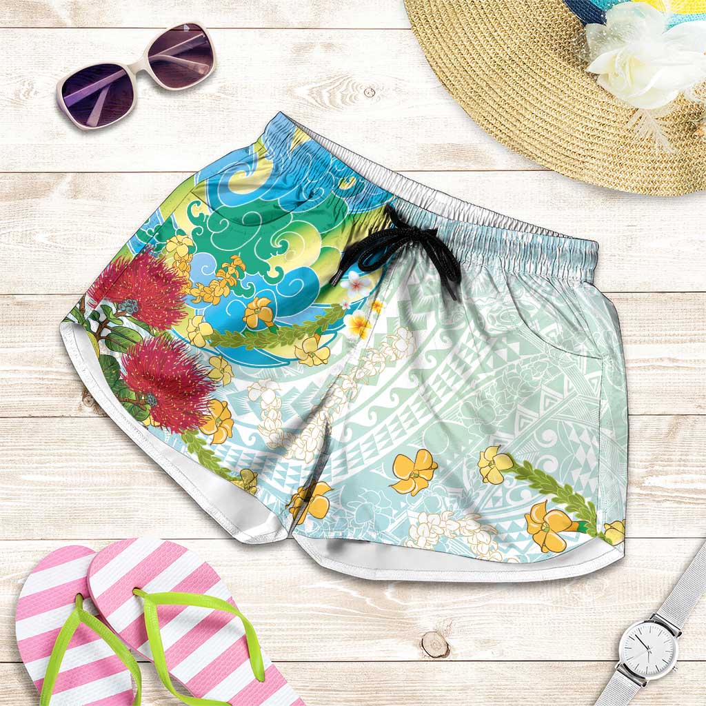 Japanese and Hawaiian Culture Fusion Shorts for Women Irezumi with Turtles and Lei Kakau Pattern Fresh Vibe