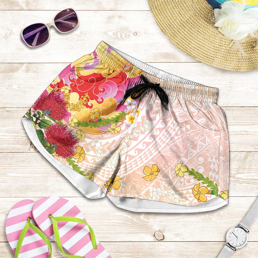 Japanese and Hawaiian Culture Fusion Shorts for Women Irezumi with Turtles and Lei Kakau Pattern Sunset Vibe