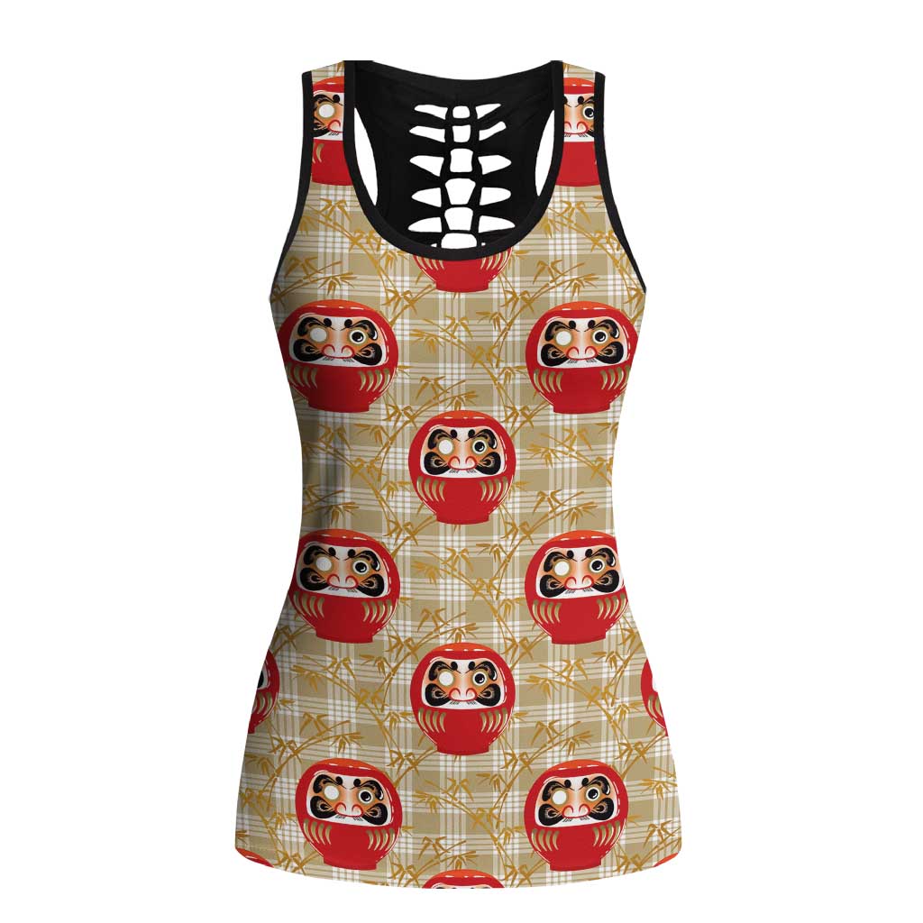 Japanese Daruma Doll Hollow Tank Top Palaka With Seamless Bamboo Pattern