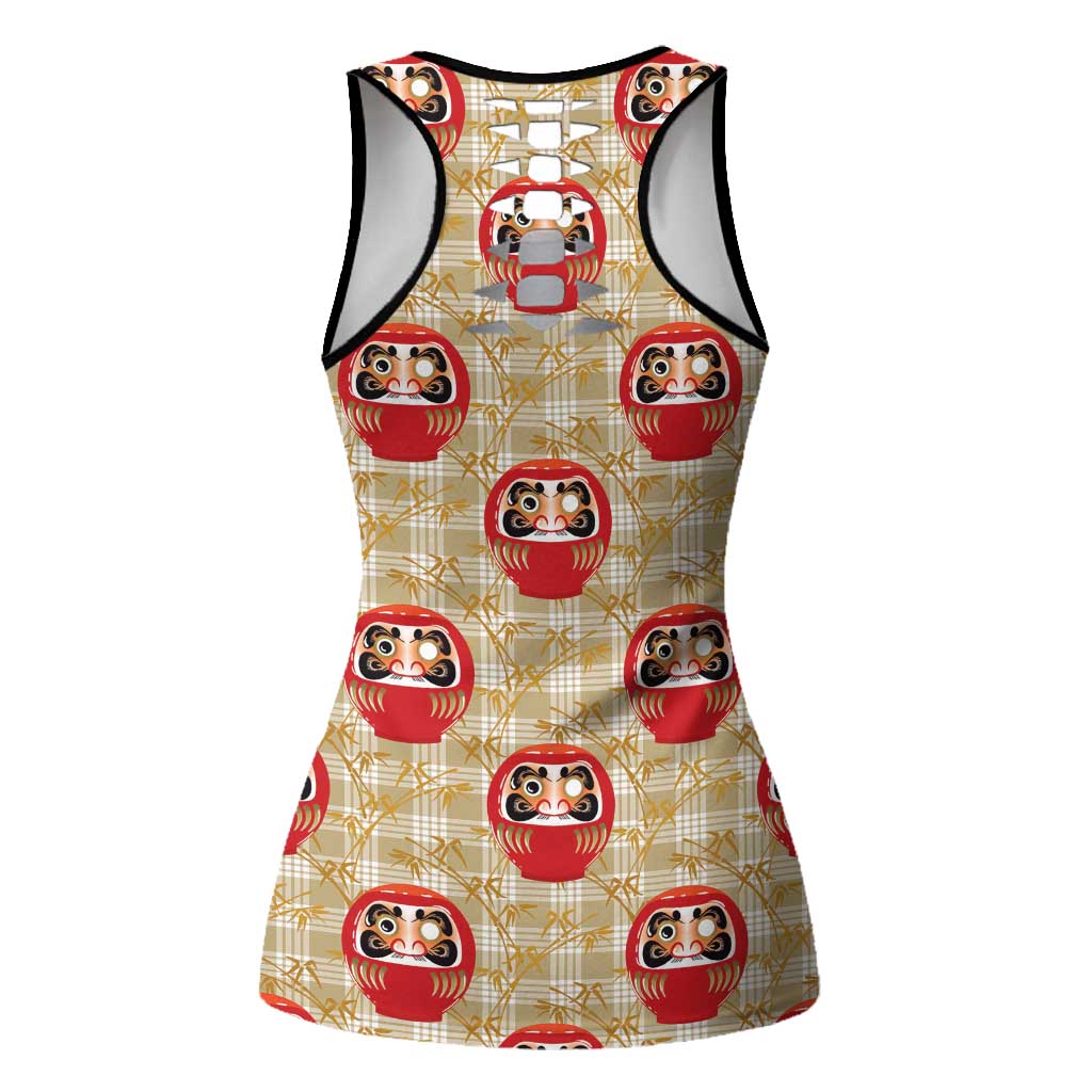 Japanese Daruma Doll Hollow Tank Top Palaka With Seamless Bamboo Pattern