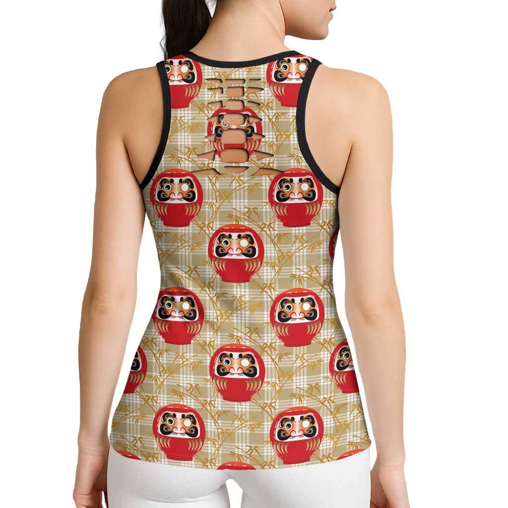 Japanese Daruma Doll Hollow Tank Top Palaka With Seamless Bamboo Pattern