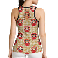 Japanese Daruma Doll Hollow Tank Top Palaka With Seamless Bamboo Pattern