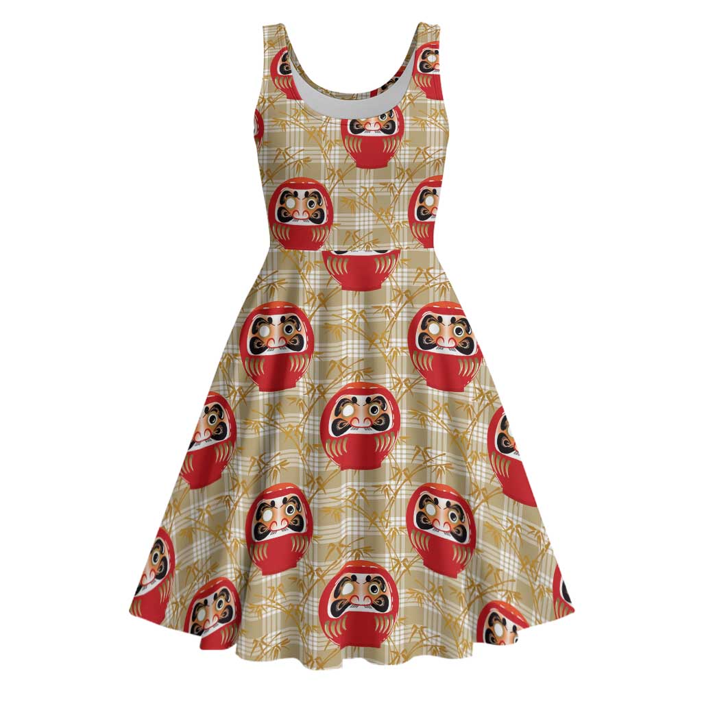 Japanese Daruma Doll Midi Dress Palaka With Seamless Bamboo Pattern