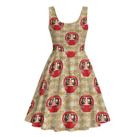 Japanese Daruma Doll Midi Dress Palaka With Seamless Bamboo Pattern