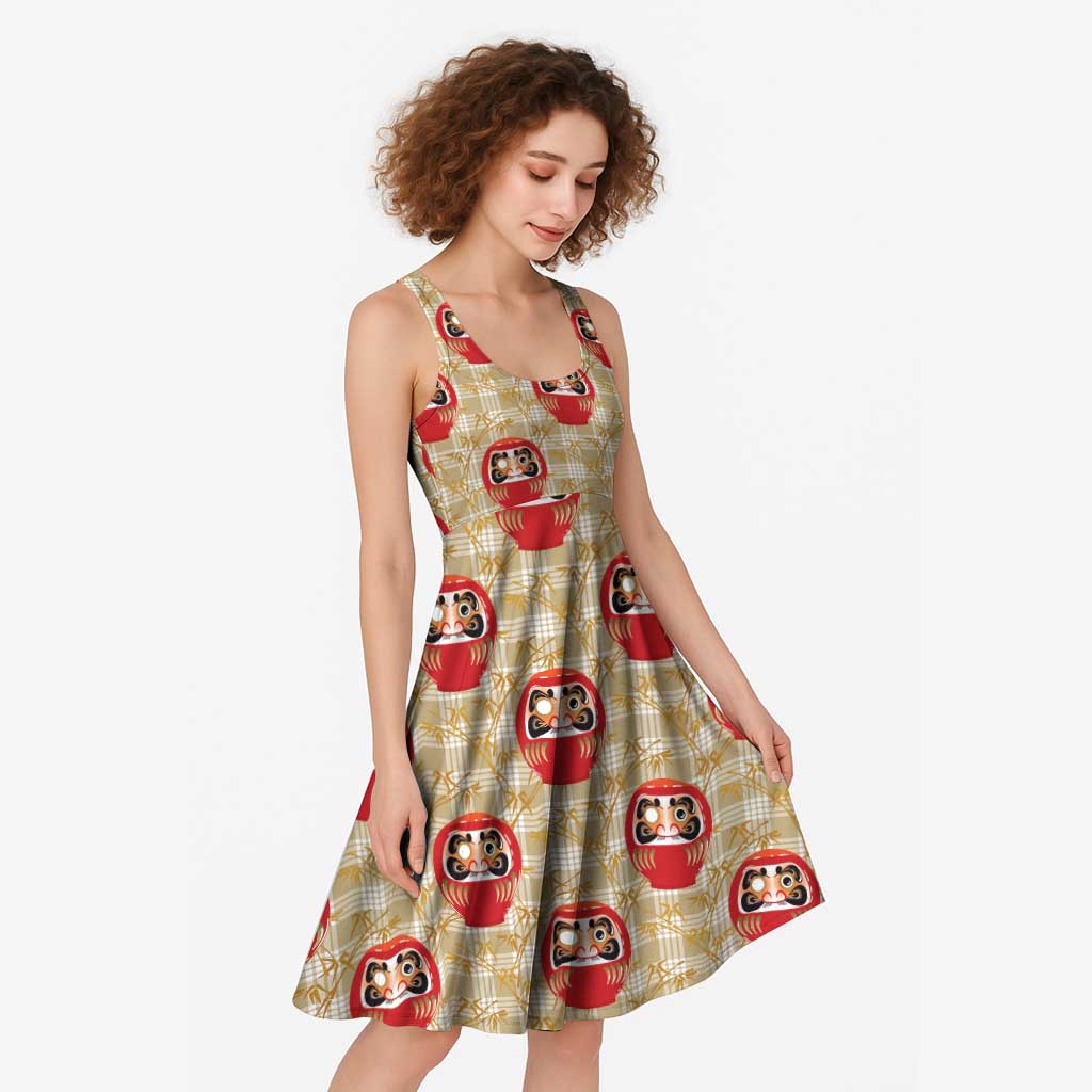 Japanese Daruma Doll Midi Dress Palaka With Seamless Bamboo Pattern