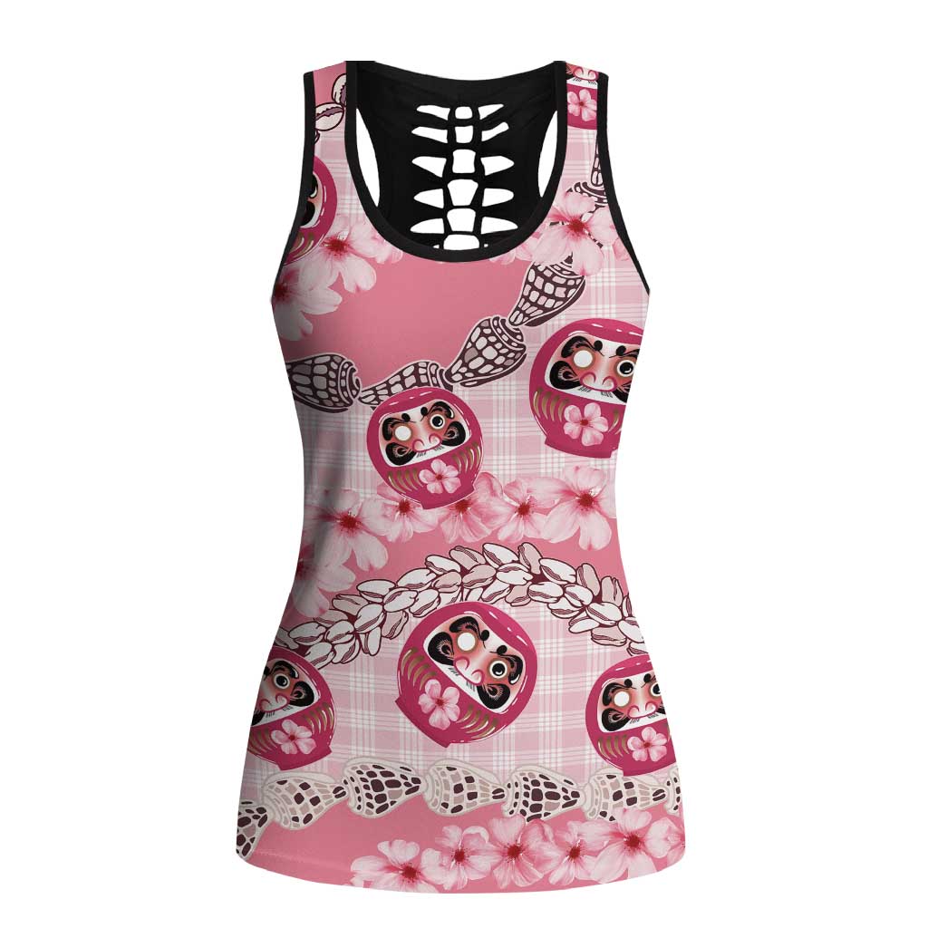 Japanese Daruma Doll Palaka Hollow Tank Top Cherry Blossoms With Shell Lei