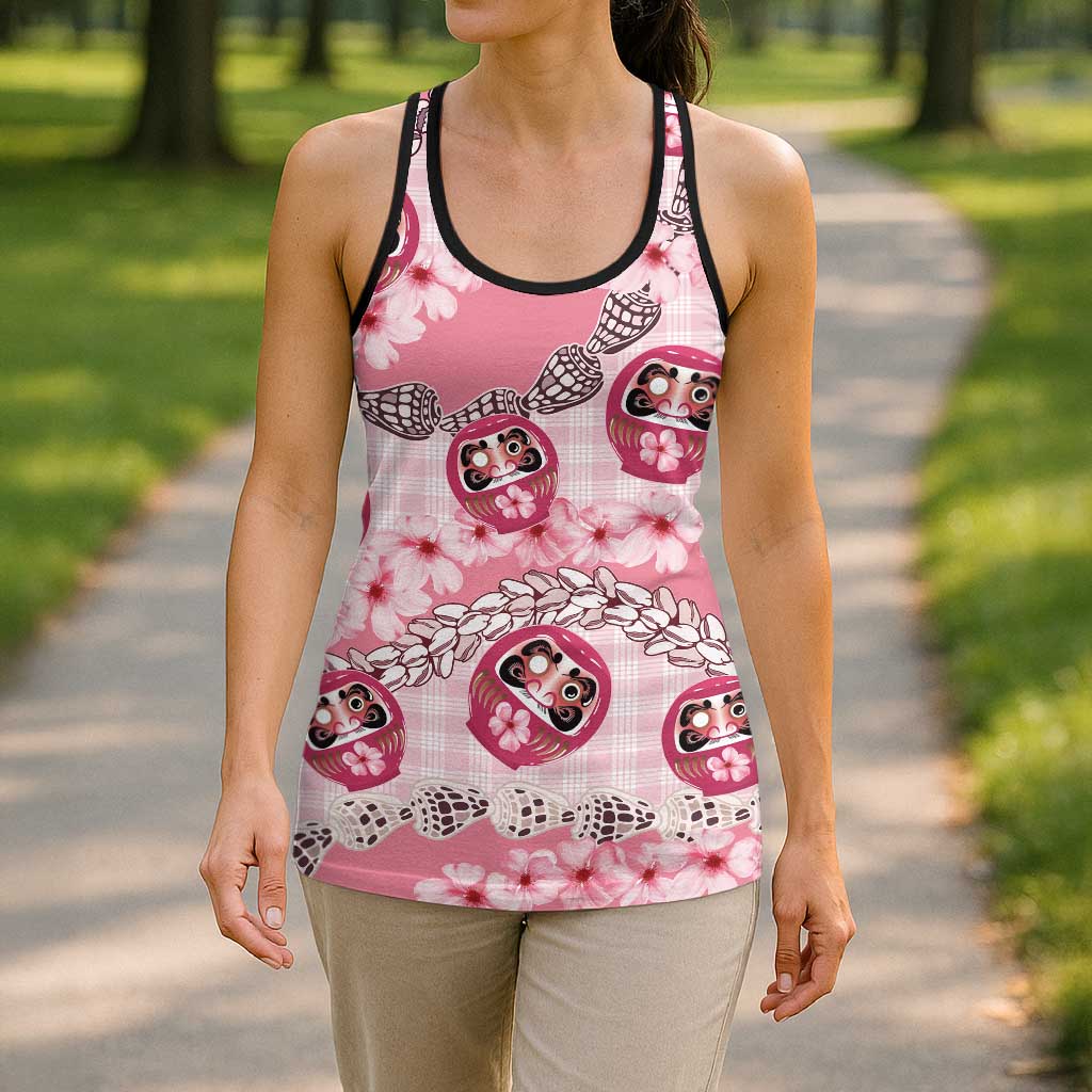 Japanese Daruma Doll Palaka Hollow Tank Top Cherry Blossoms With Shell Lei