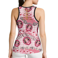 Japanese Daruma Doll Palaka Hollow Tank Top Cherry Blossoms With Shell Lei