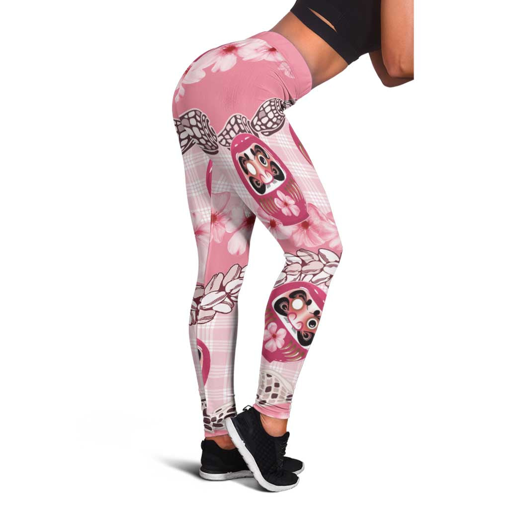 Japanese Daruma Doll Palaka Leggings Cherry Blossoms With Shell Lei