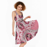 Japanese Daruma Doll Palaka Midi Dress Cherry Blossoms With Shell Lei