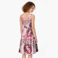 Japanese Daruma Doll Palaka Midi Dress Cherry Blossoms With Shell Lei