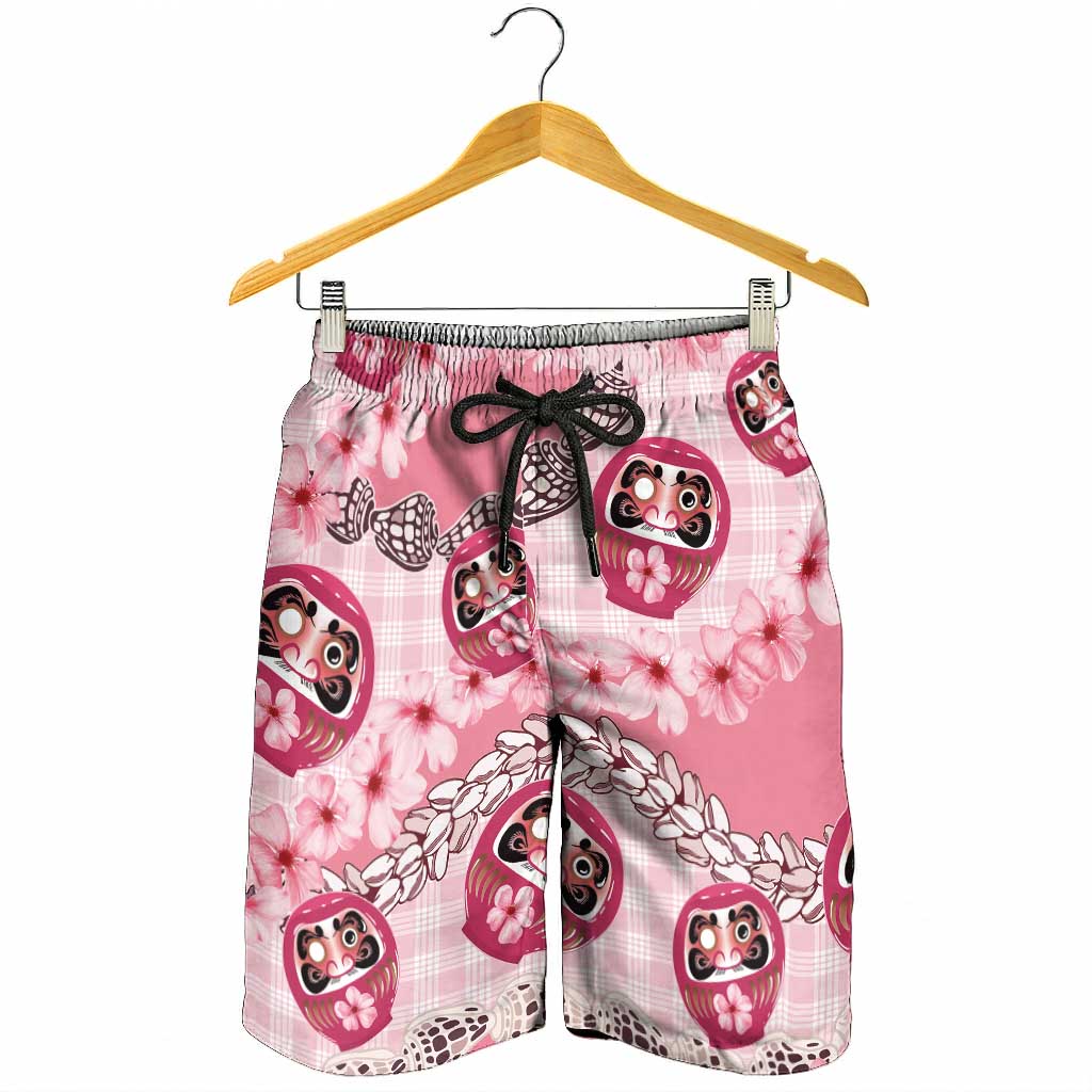 Japanese Daruma Doll Palaka Shorts for Men Cherry Blossoms With Shell Lei