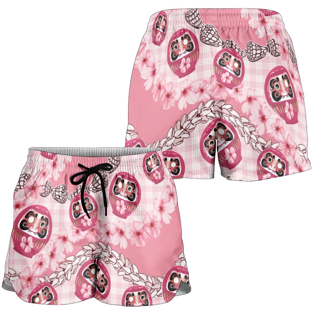 Japanese Daruma Doll Palaka Shorts for Women Cherry Blossoms With Shell Lei