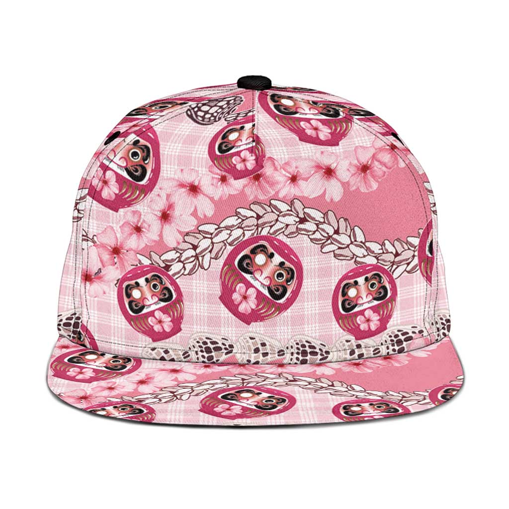 Japanese Daruma Doll Palaka Snapback Cap Cherry Blossoms With Shell Lei