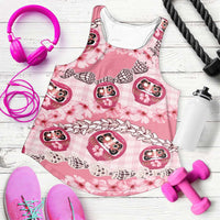 Japanese Daruma Doll Palaka Women Racerback Tank Cherry Blossoms With Shell Lei