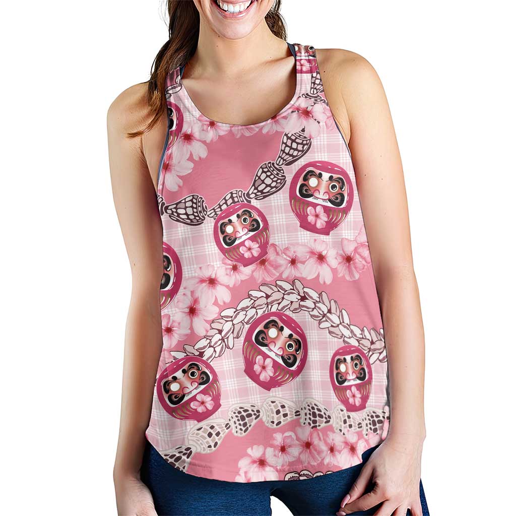 Japanese Daruma Doll Palaka Women Racerback Tank Cherry Blossoms With Shell Lei