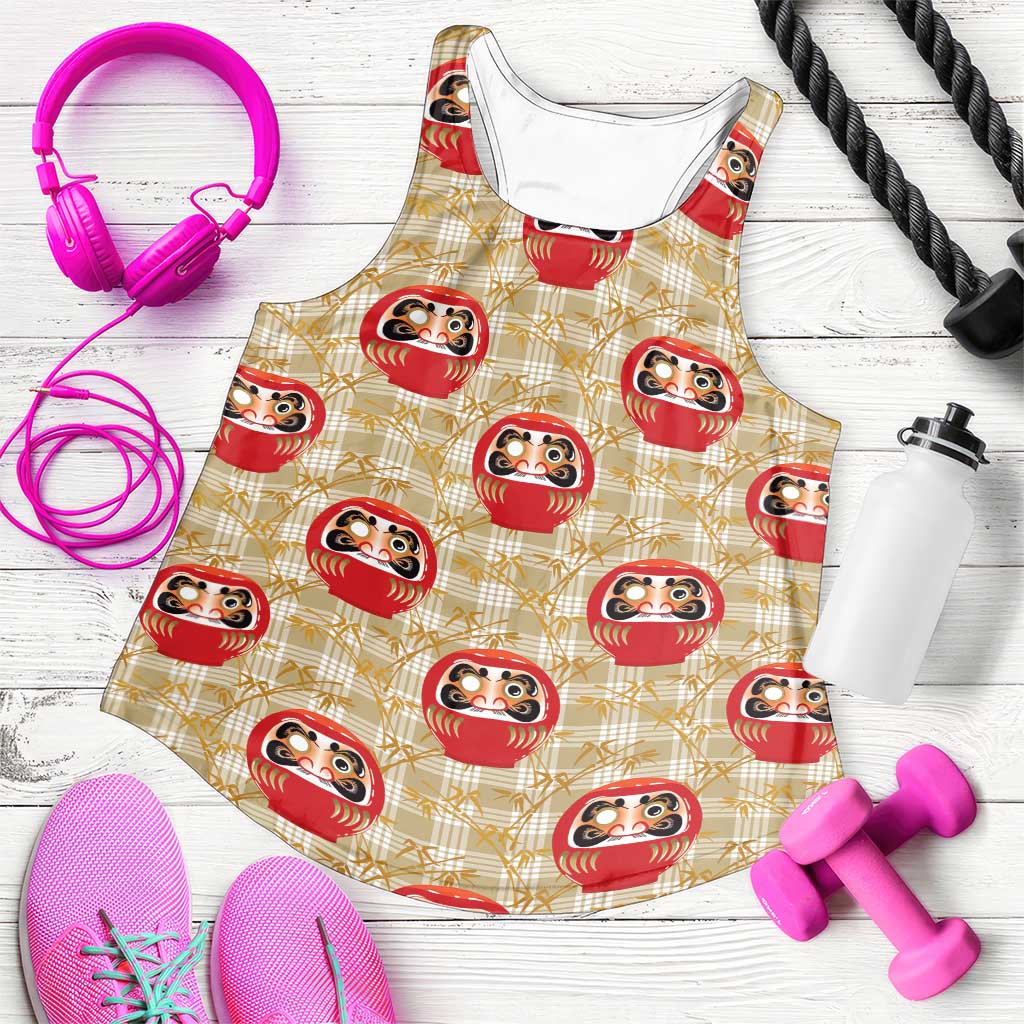 Japanese Daruma Doll Women Racerback Tank Palaka With Seamless Bamboo Pattern