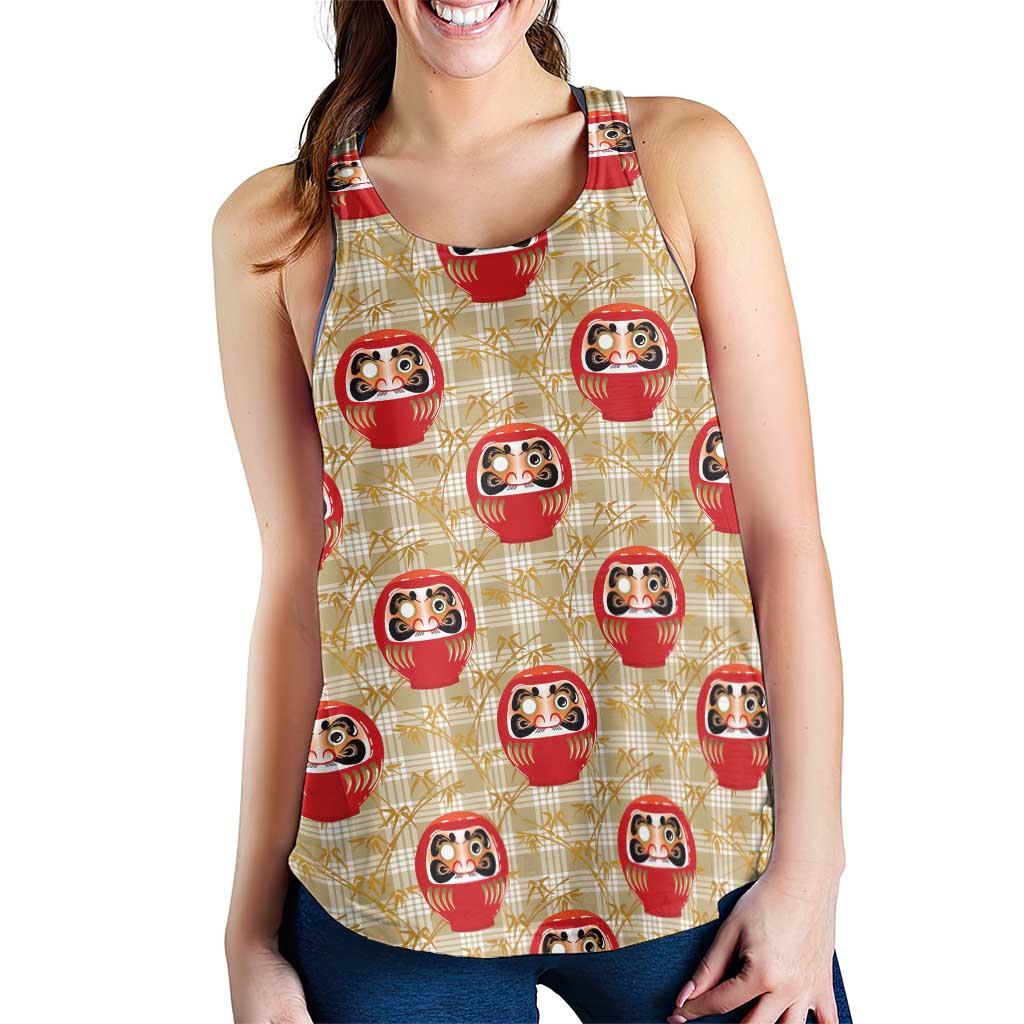Japanese Daruma Doll Women Racerback Tank Palaka With Seamless Bamboo Pattern
