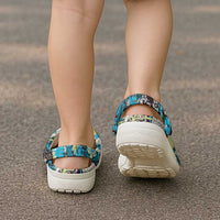 Japanese Hawaiian Crane Clogs Shoes Blue Tapa Patchwork Pattern