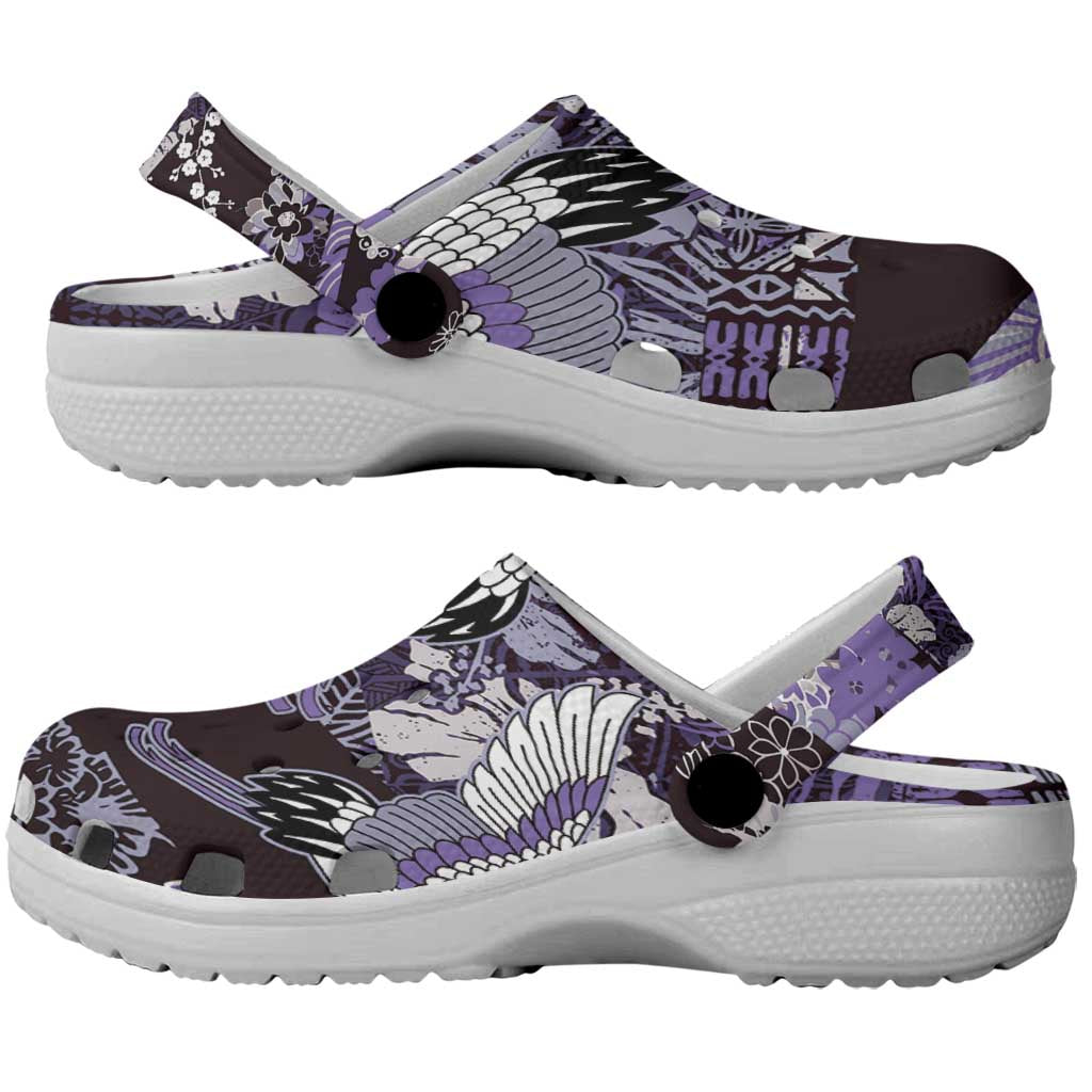 Japanese Hawaiian Crane Clogs Shoes Purple Tapa Patchwork Pattern