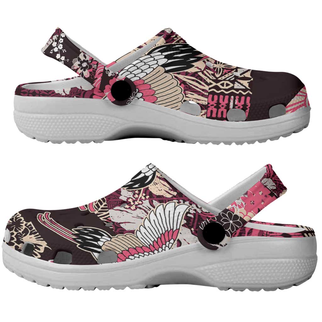 Japanese Hawaiian Crane Clogs Shoes Soft Pink Tapa Patchwork Pattern