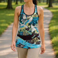 Japanese Hawaiian Crane Hollow Tank Top Blue Tapa Patchwork Pattern