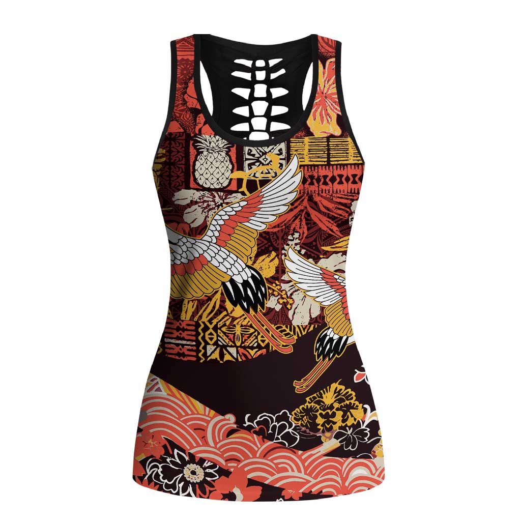 Japanese Hawaiian Crane Hollow Tank Top Yellow Ochre Tapa Patchwork Pattern